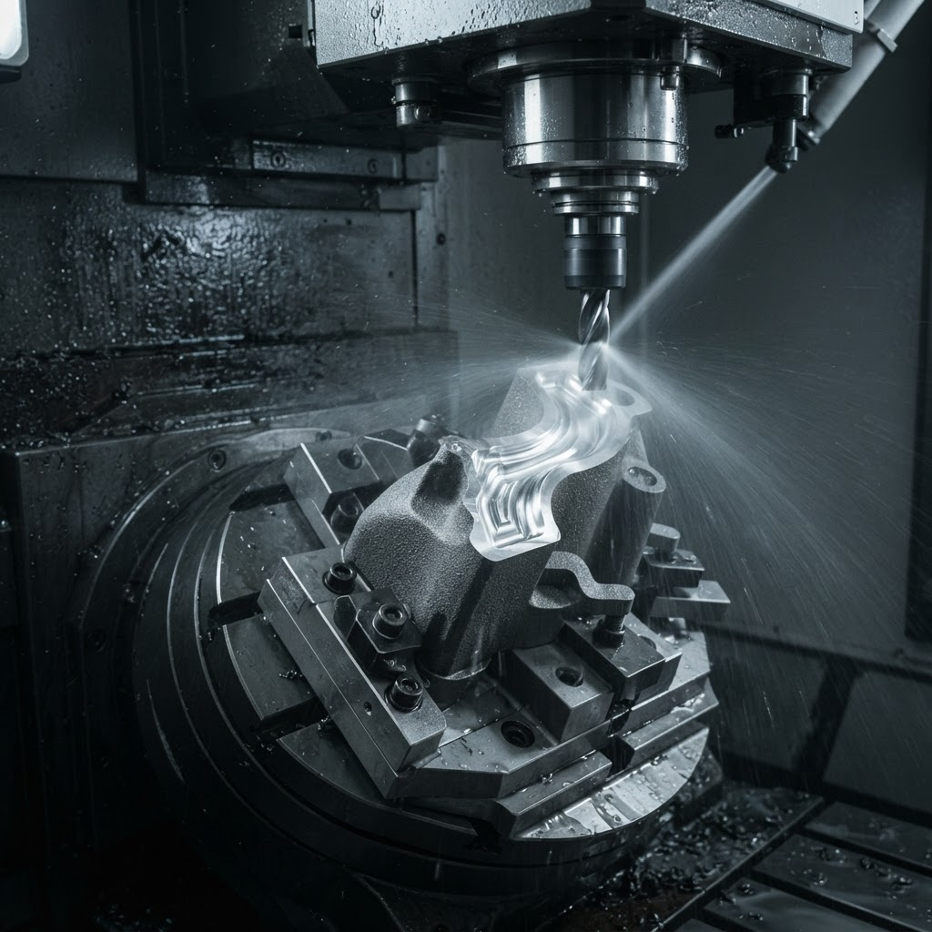 A 5-axis CNC machine finishing a metal 3D printed stainless steel component held in a precision fixture