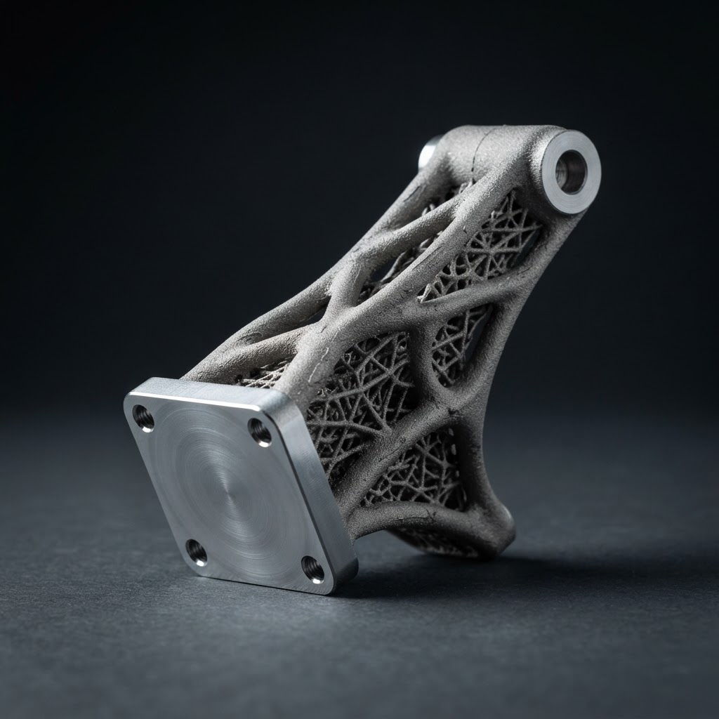 A topology-optimised metal additive manufactured bracket with an internal lattice structure and one machined mounting face