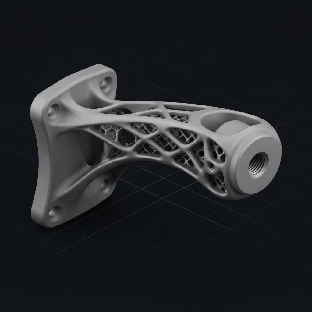 CAD model of the same bracket redesigned for additive manufacturing with organic topology-optimised load paths and an internal lattice