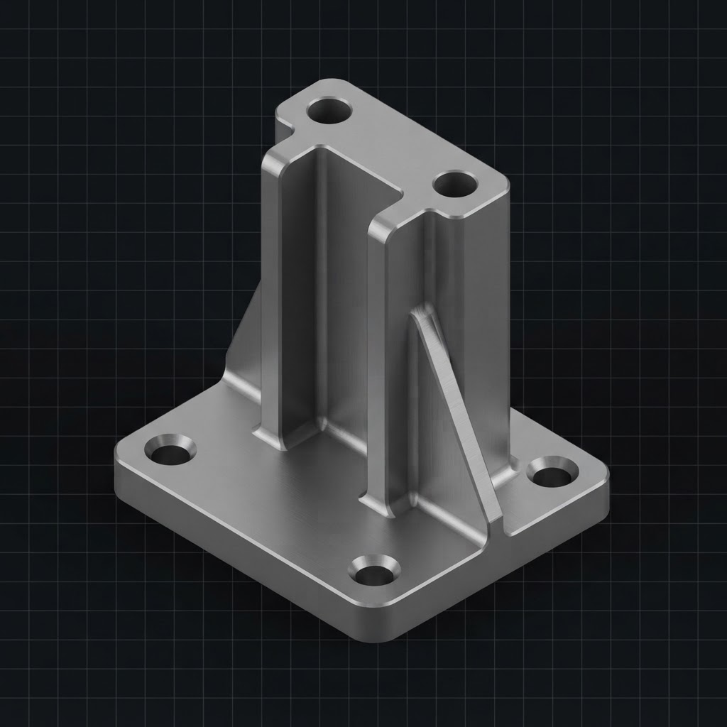CAD model of a conventionally machined bracket with blocky prismatic geometry and thick webs